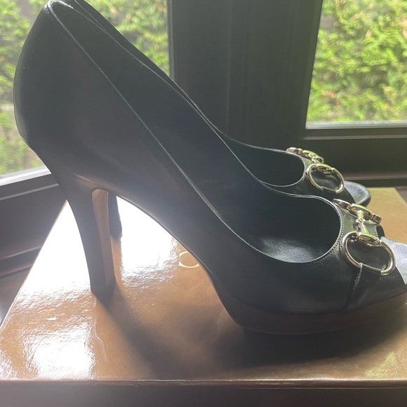Gucci heels Malaga kid Nero leather size 8.5 open in front - Picture 2 of 5